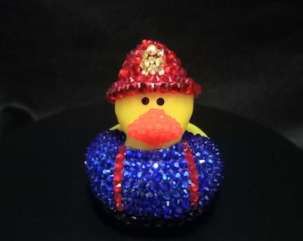 Bedazzled Firefighter Rubber Duck – Bling Fireman– Sparkly Rescue Collectible, First Responder Bling