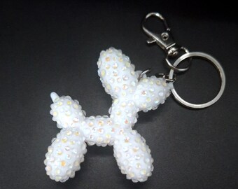 Bedazzled Balloon Dog Keychain, White Dog with Matching Stones