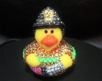Bedazzled Firefighter Rubber Duck – Bling Fireman– Sparkly Rescue Collectible, First Responder Bling