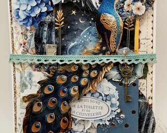 Handmade Peacock Collage Card • Vintage Ephemera, Botanical Art