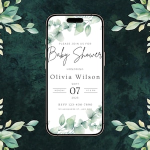 Electronic Baby Shower Invitation Sage Green, Boho Baby Shower Evite, Digital Shower Invitation Gender Neutral Editable Evite Template, 04A