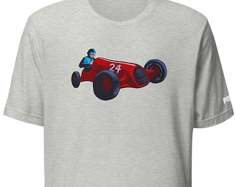 Camiseta unisex retro de coche de carreras y piloto