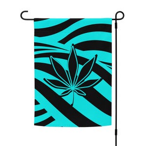 May include: A garden flag featuring a black cannabis leaf design on a turquoise and black zebra stripe background. The flag is rectangular and hangs from a black metal pole.