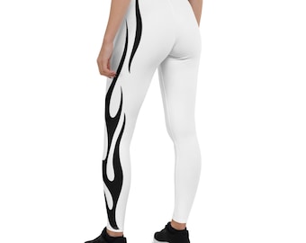 Leggings da donna bianchi con fiamme di fuoco nere di Felix