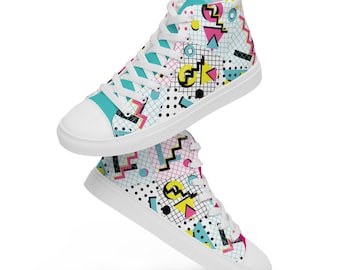Women’s Retro 80's Eighties Party Pattern PopFelix Designer High Top Canvas Shoes - Two Colors