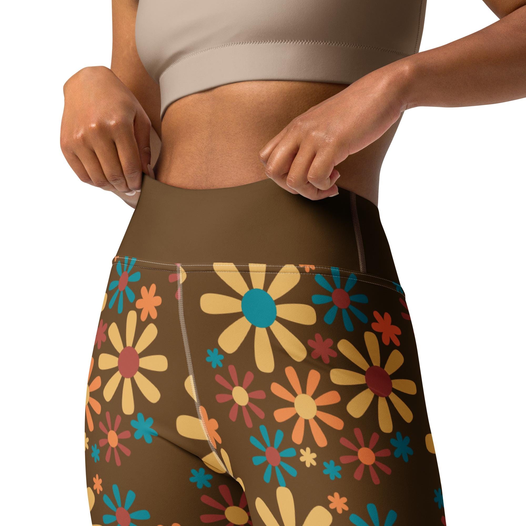 Brown Floral 70s Style Pop Felix Yoga Pants Leggings