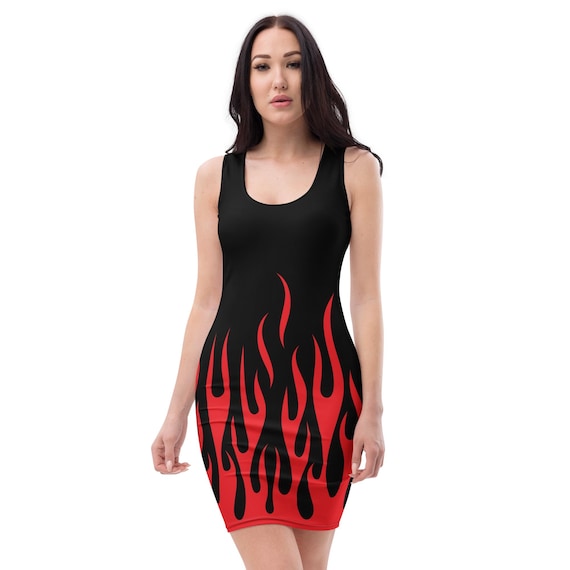 Black 'This Girl is on Fire' Red Flames PopFelix Designer Body Contour Dress Black 'This Girl is on Fire' Red Flames PopFelix Designer Body Contour Dress