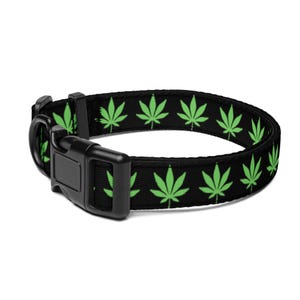 May include: Black dog collar with a repeating pattern of green marijuana leaf designs.