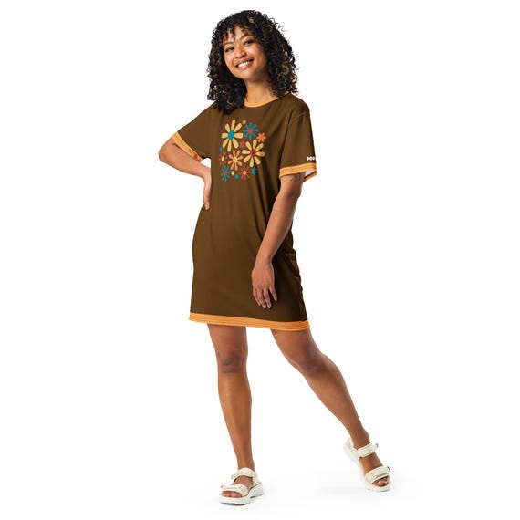 Retro Brown + Rose Orange 70's Seventies Floral Flower Pattern Pop Felix Designer T-Shirt Dress
