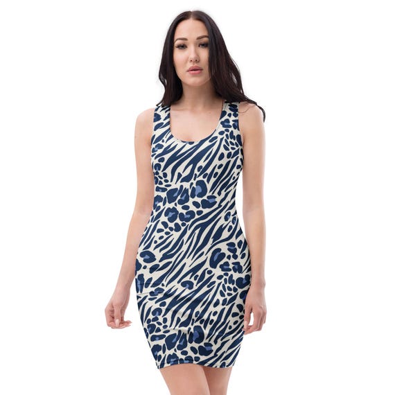 Blue + White Tiger Cheetah Leopard Mix Print Popfelix Designer Bodycon Body Contour Dress