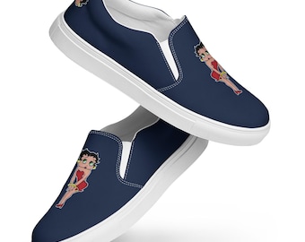 Men’s Navy Hand Drawn Betty Boop Full/Head Back PopFelix Designer Slip-on Canvas Shoes
