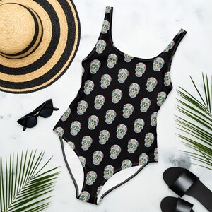 Black Sugar Skull Patterned Front One-Piece Pop Felix Swimsuit