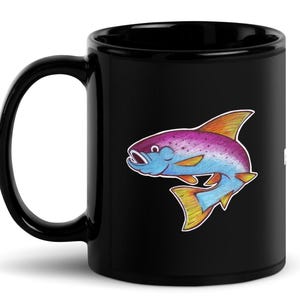 11 oz Black Jumping Rainbow Trout Fish Drawing Glossy Pop Felix Coffee Cocoa Tea Cup Mug