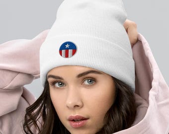 Puerto Rico PR Flag Circle Boricua Embroidered Cuffed PopFelix Designer Beanie Hat - Three Colors