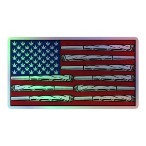 May include: A sticker featuring a stylised American flag with marijuana leaves in place of the stars and marijuana joints in place of the stripes.