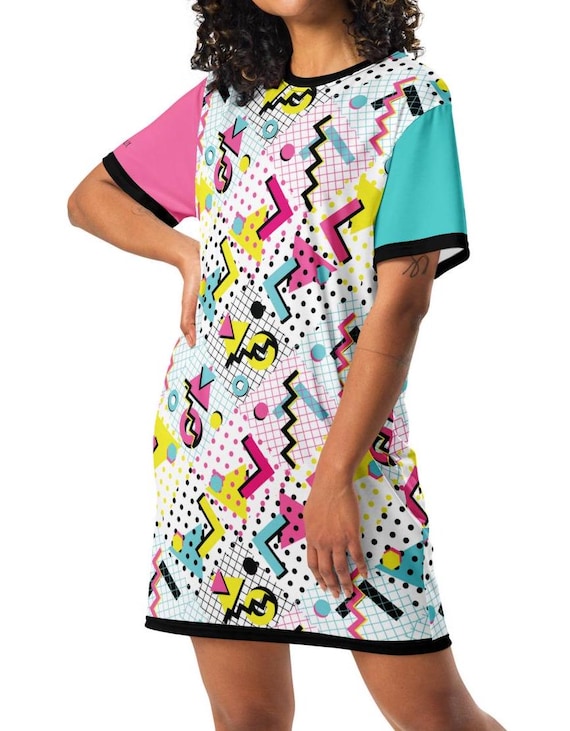 Retro 80's Design Blue + Pink Pattern Pop Felix Designer T-shirt Dress Retro 80's Design Blue + Pink Pattern Pop Felix Designer T-shirt Dress