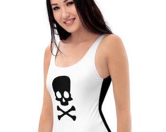 Two-Sided Black/White Jolly Roger Pirate Skull + Crossbones Pop Felix One-Piece Swimsuit
