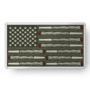 May include: An American flag design with a green background and white stars. The flag is made up of 13 horizontal stripes of rolled up marijuana joints.