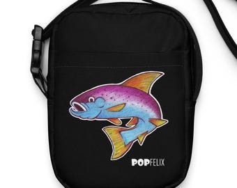 Zwarte 6" x 8" Jumping Rainbow Trout Fish Drawing Utility Crossbody Unisex Pop Felix Bag