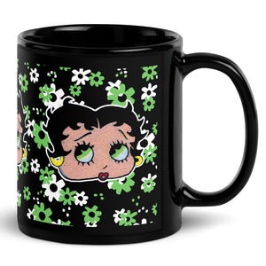 11 oz Black Betty Boop Head Green Floral Flowers Pop Felix Glossy Coffee Cocoa Mug
