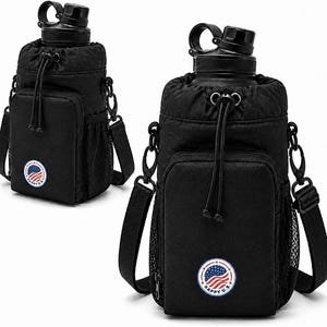 May include: A black water bottle carrier with an adjustable drawstring closure, a front zippered pocket, and a side mesh pocket. The carrier features a circular patch with a red, white, and blue flag design and the text HAPPY U.S. in white.