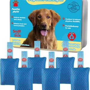May include: Dog scent training kit with a golden retriever image. The kit includes blue scent bags, cover bags, and a buckle. The packaging highlights features like reducing anxiety and stress, and enhancing trust and communication.