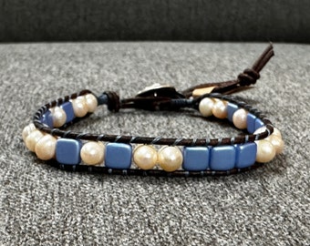 Freshwater Pearl, Blue Czechmate Glass and Leather Bracelet