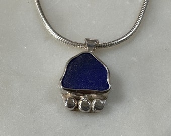 Blue Sea Glass and Sterling Silver Necklace