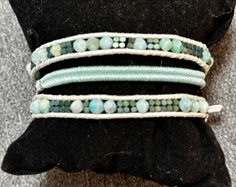 Amazonite, Hematite and Leather Triple Wrap Bracelet with Mermaid Button Closure