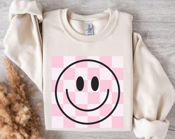 Różowa bluza w kratkę z uśmiechniętą buźką, uroczy sweter z emotikonami, zabawny, wesoły okrągły dekolt, przytulny sweter, modna odzież uliczna