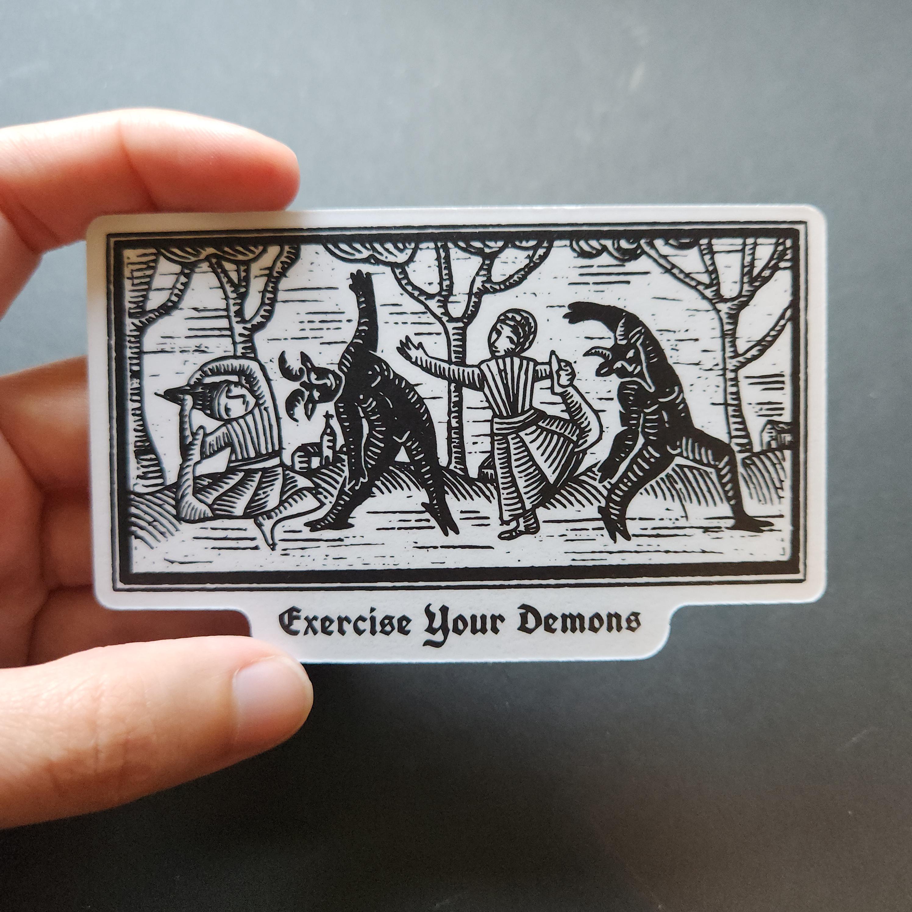 Exercise Your Demons Magnet – Gothic Dark Humor – Medieval Woodcut