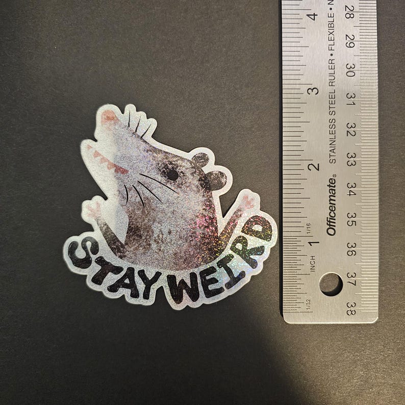 Pegatina Stay Weird Possum – Divertida pegatina holográfica de vinilo con forma de zarigüeya para botellas de agua, portátiles, agendas o como regalo – Arte animal peculiar imagen 6