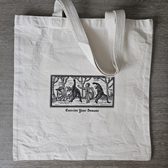 Limited Edition. Exercise Your Demons Canvas Tote Bag – Funny Gothic Dark Humor Tote, Reusable Eco Bag, Medieval Woodcut
