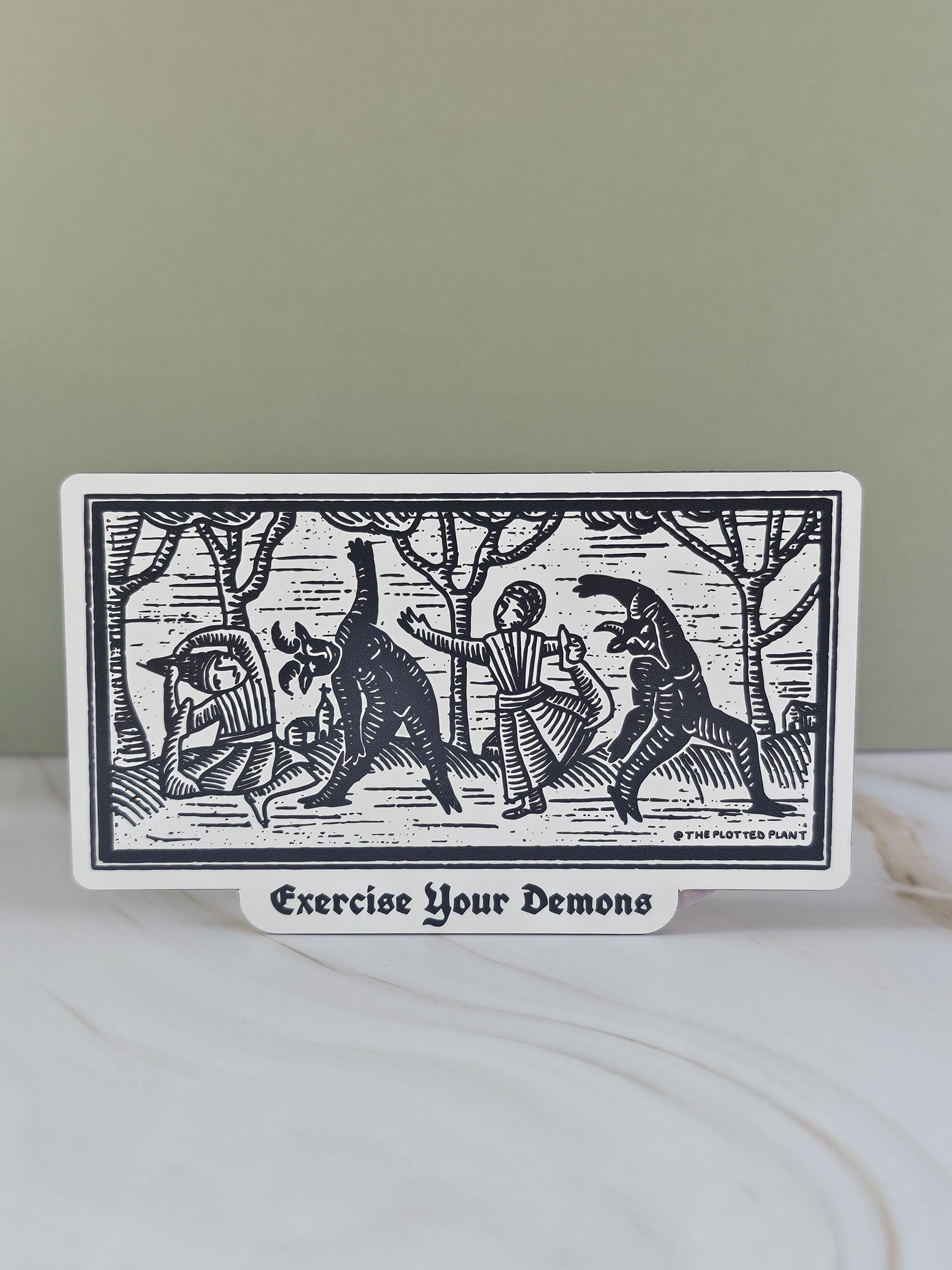 Exercise Your Demons Magnet – Gothic Dark Humor – Medieval Woodcut