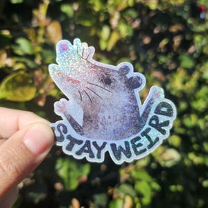 Puede incluir: Una pegatina hologr&aacute;fica con un dise&ntilde;o de rata de dibujos animados y las palabras "STAY WEIRD". La rata es gris y blanca, con un acabado brillante e iridiscente. El texto est&aacute; en una fuente juguetona.