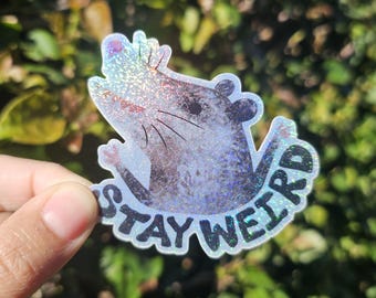 Stay Weird Possum Sticker – Funny Holographic Opossum Vinyl Sticker for Water Bottles, Laptops, Journals, or Gift – Weird Animal Art