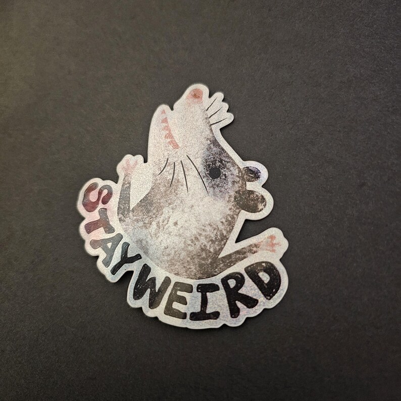 Puede incluir: Una pegatina con un opossum estilizado con las palabras "STAY WEIRD" en una fuente juguetona. El opossum es principalmente blanco y gris con acentos negros, y el texto es en negro y rojo. La pegatina est&aacute; sobre un fondo oscuro.