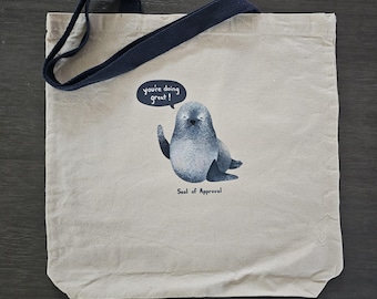 Limited Edition. Motivational Seal of Approval Tote Bag, Good Job Cute bag, Reusable Eco Bag, Natural with Navy handles