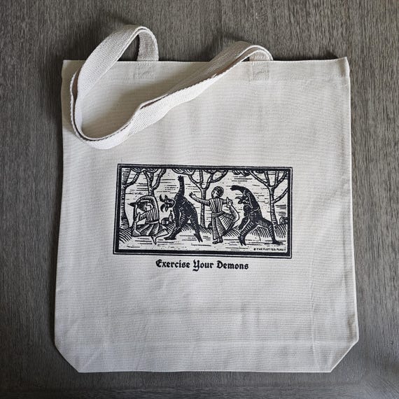 Exercise Your Demons Cotton Canvas Tote Bag, Screen Printed – Funny Gothic Dark Humor Tote, Reusable Eco Bag, Medieval Woodcut