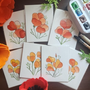 Original Mini Watercolor Plant Art of California Poppies