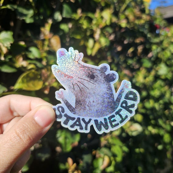 Stay Weird Possum Sticker – Funny Holographic Opossum Vinyl Sticker for Water Bottles, Laptops, Journals, or Gift – Weird Animal Art