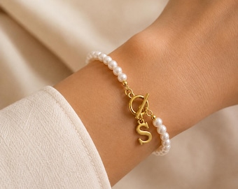 Pearl Bracelet with Initial Charm · Bridesmaid Gift, Beaded Jewelry Gift