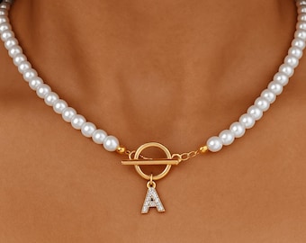 Personalized Pearl Initial Necklace, Custom Letter Pendant Choker, Beaded Jewelry, Bridesmaid Necklace