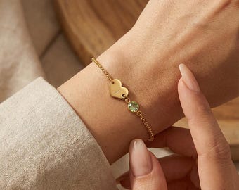 Personalized Heart Bracelet, Initial & Birthstone, Stainless Steel