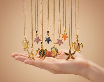 Ocean Pendant Necklace – Stainless Steel Sea Turtle, Starfish, Shell