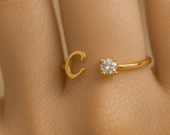 Initial Letter Adjustable Ring, Minimalist Monogram Ring, Gold & Silver Open Band with CZ Stone