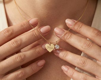 Personalized Heart Initial Necklace, 18K Gold Engraved Pendant, Birthstone Jewelry