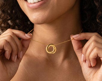 Personalized 18K Gold Interlocking Ring Necklace, Custom Family Name Pendant