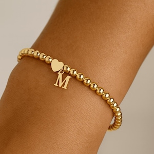 Gold Beaded Bracelet with Heart Charm — Initial Letter Bracelet