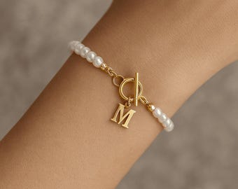 Pearl Bracelet with Initial Charm · Bridesmaid Gift, Beaded Jewelry Gift
